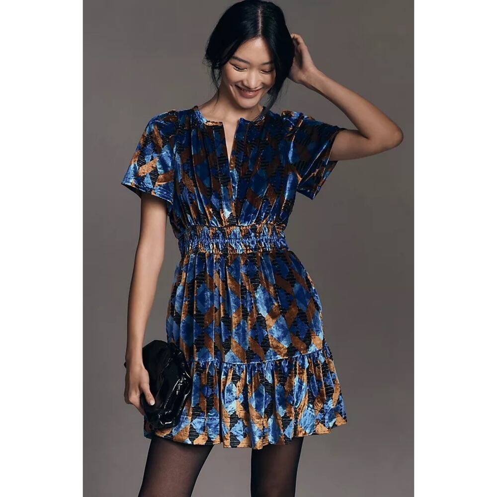 Anthropologie The Somerset Mini Dress: Velvet Edition Blue Gold XS